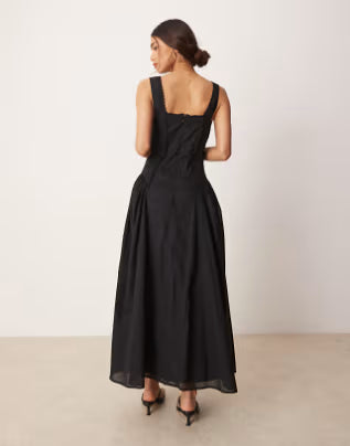 ASOS DESIGN prairie square neck maxi dress with dropped waist in black