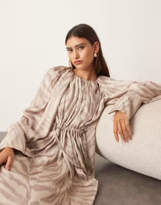 ARRANGE drawstring detail volume trapeze maxi dress in tiger print