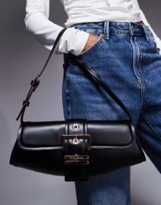 River Island buckle front shoulder bag in black